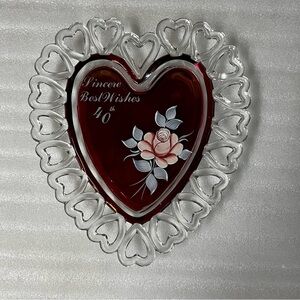Westmoreland Red Glass Lacy Heart Hand Painted Rose Plate 40th Anniv / Birthday
